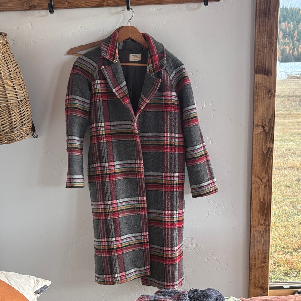 Marine Layer Plaid Pea Coat - Gray and Red XS